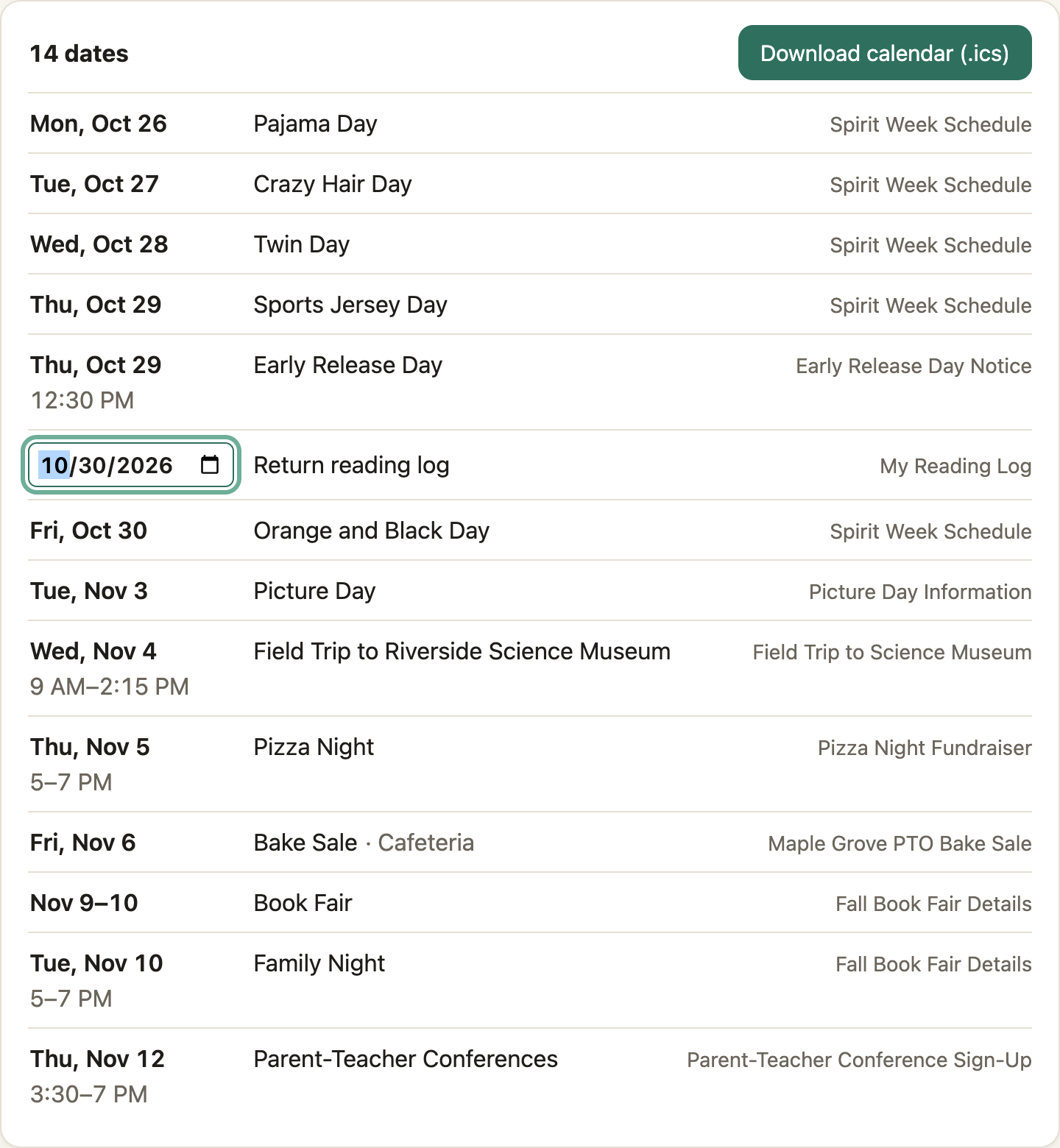 The list of dates with one date open for editing in a date field.