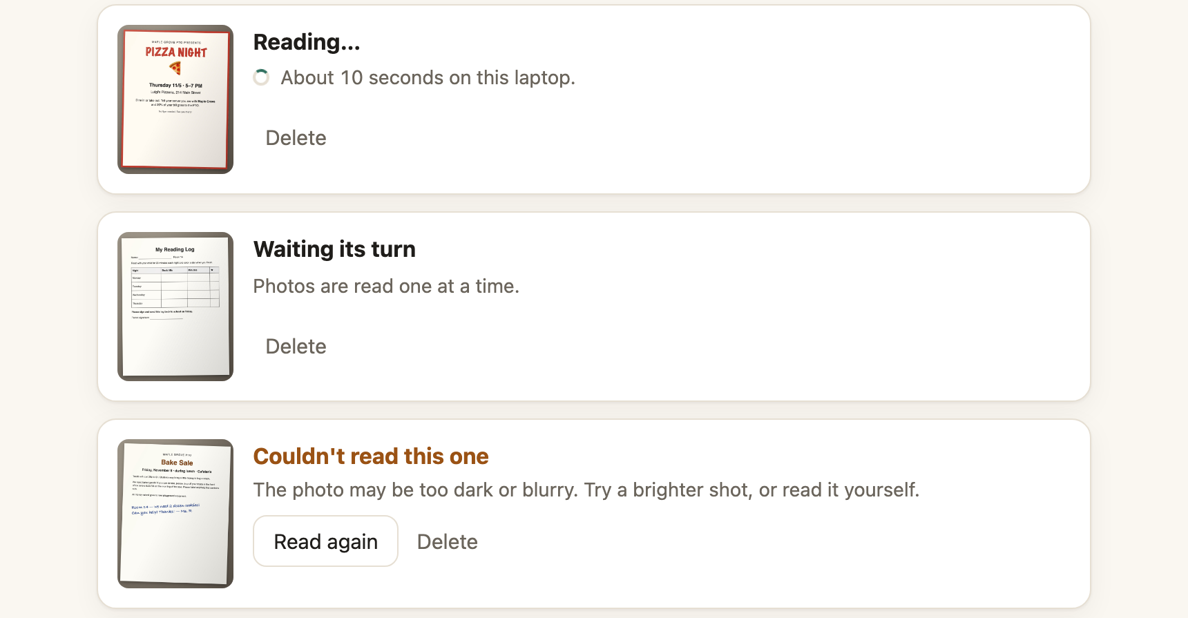 Papers being read one at a time: one card says Reading, about 10 seconds on this laptop; another waits its turn; one could not be read and offers Read again.