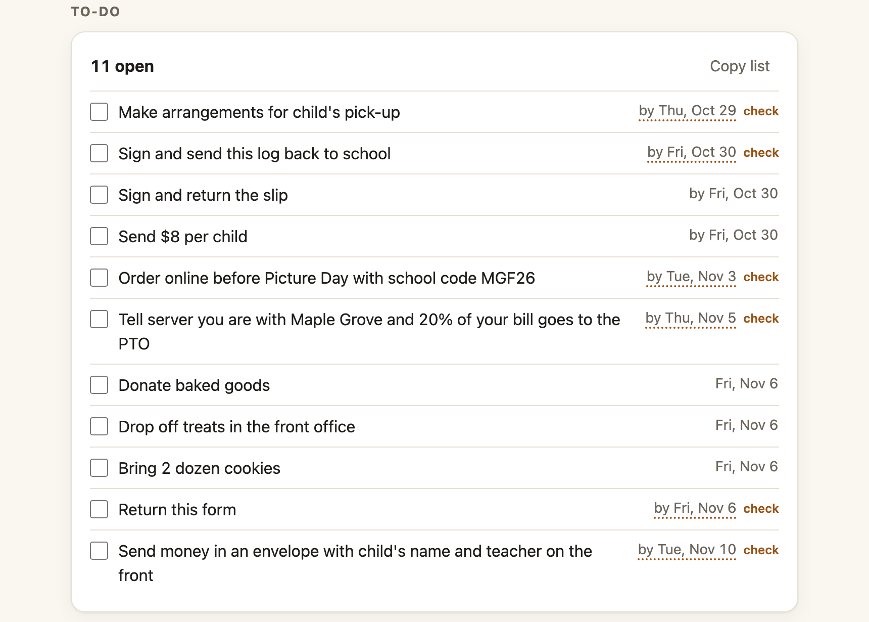 Eleven open to-dos, each with its due date; the ones the model had to work out are underlined and marked check.