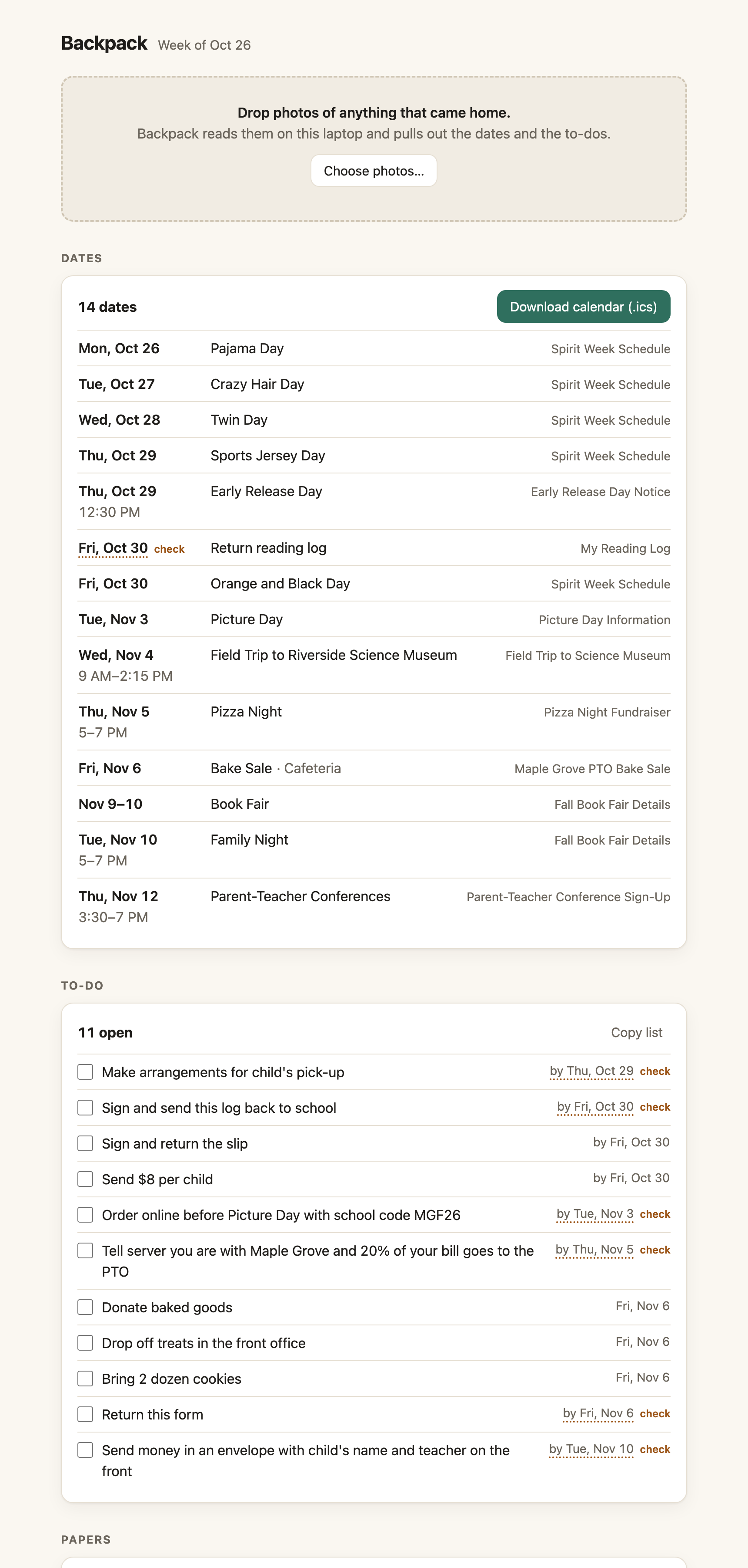 The Backpack page after reading ten school papers: 14 dates from spirit week to parent-teacher conferences with a Download calendar button, then 11 open to-dos such as sign and return the slip by Friday, Oct 30.