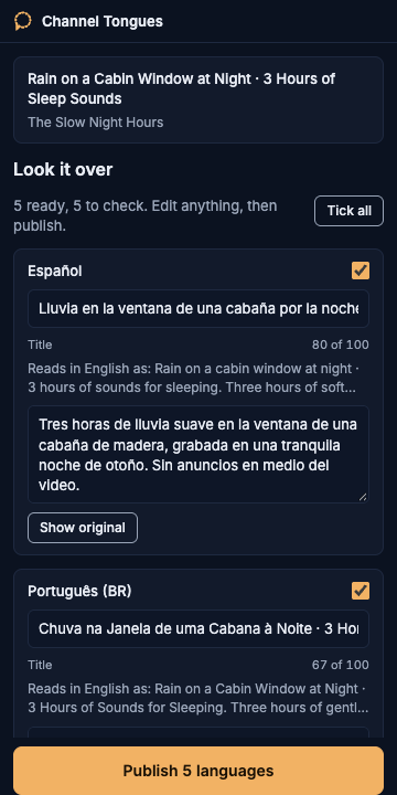 The side panel in the Look it over state: one card per language with the translated title and description, and a Publish 9 languages button.